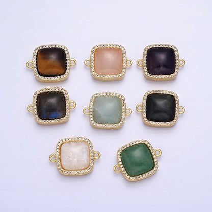 24K Gold Filled White Moonstone, Rose Quartz, Blue Agate, Tiger Eye, Amethyst, Onyx Micro Paved CZ Square Connector | Y-803~Y-806