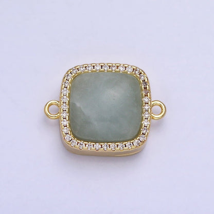 24K Gold Filled White Moonstone, Rose Quartz, Blue Agate, Tiger Eye, Amethyst, Onyx Micro Paved CZ Square Connector | Y-803~Y-806