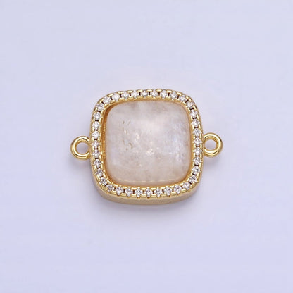 24K Gold Filled White Moonstone, Rose Quartz, Blue Agate, Tiger Eye, Amethyst, Onyx Micro Paved CZ Square Connector | Y-803~Y-806