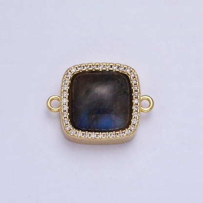 24K Gold Filled White Moonstone, Rose Quartz, Blue Agate, Tiger Eye, Amethyst, Onyx Micro Paved CZ Square Connector | Y-803~Y-806