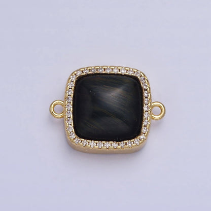 24K Gold Filled White Moonstone, Rose Quartz, Blue Agate, Tiger Eye, Amethyst, Onyx Micro Paved CZ Square Connector | Y-803~Y-806