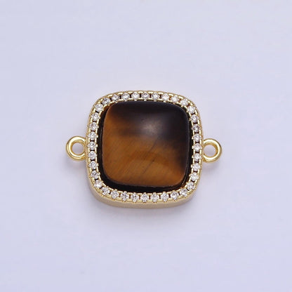 24K Gold Filled White Moonstone, Rose Quartz, Blue Agate, Tiger Eye, Amethyst, Onyx Micro Paved CZ Square Connector | Y-803~Y-806