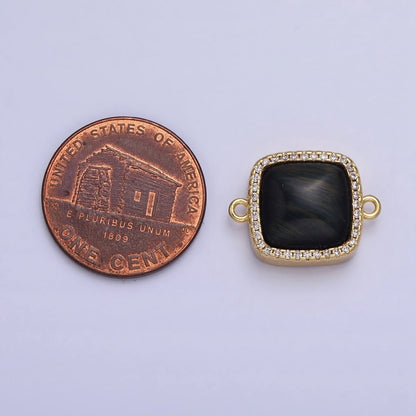 24K Gold Filled White Moonstone, Rose Quartz, Blue Agate, Tiger Eye, Amethyst, Onyx Micro Paved CZ Square Connector | Y-803~Y-806
