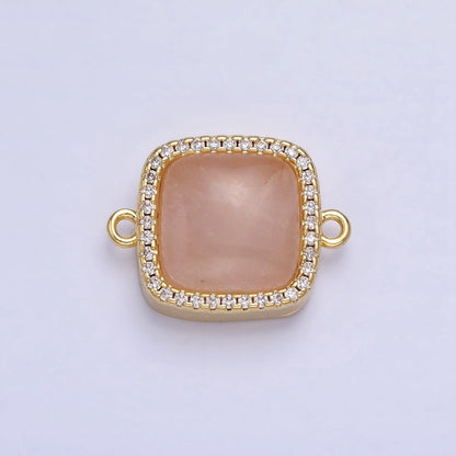 24K Gold Filled White Moonstone, Rose Quartz, Blue Agate, Tiger Eye, Amethyst, Onyx Micro Paved CZ Square Connector | Y-803~Y-806