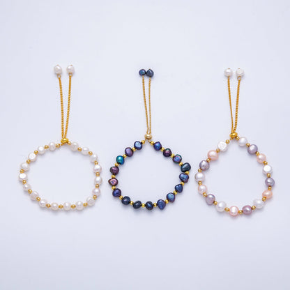 24K Gold Filled White, Multicolor, Black Button Freshwater Pearl Bolo Adjustable Bracelet | WA-04264