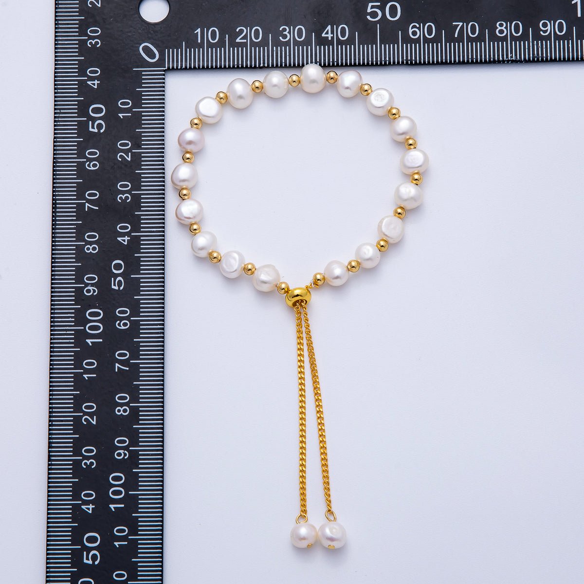 24K Gold Filled White, Multicolor, Black Button Freshwater Pearl Bolo Adjustable Bracelet | WA-04264