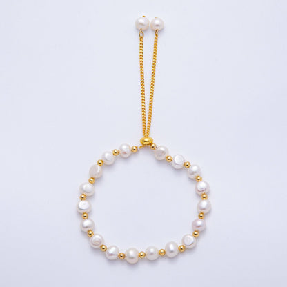 24K Gold Filled White, Multicolor, Black Button Freshwater Pearl Bolo Adjustable Bracelet | WA-04264