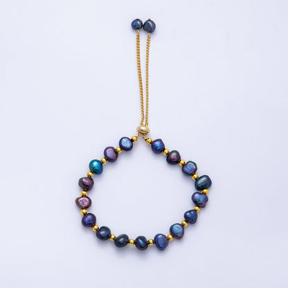 24K Gold Filled White, Multicolor, Black Button Freshwater Pearl Bolo Adjustable Bracelet | WA-04264