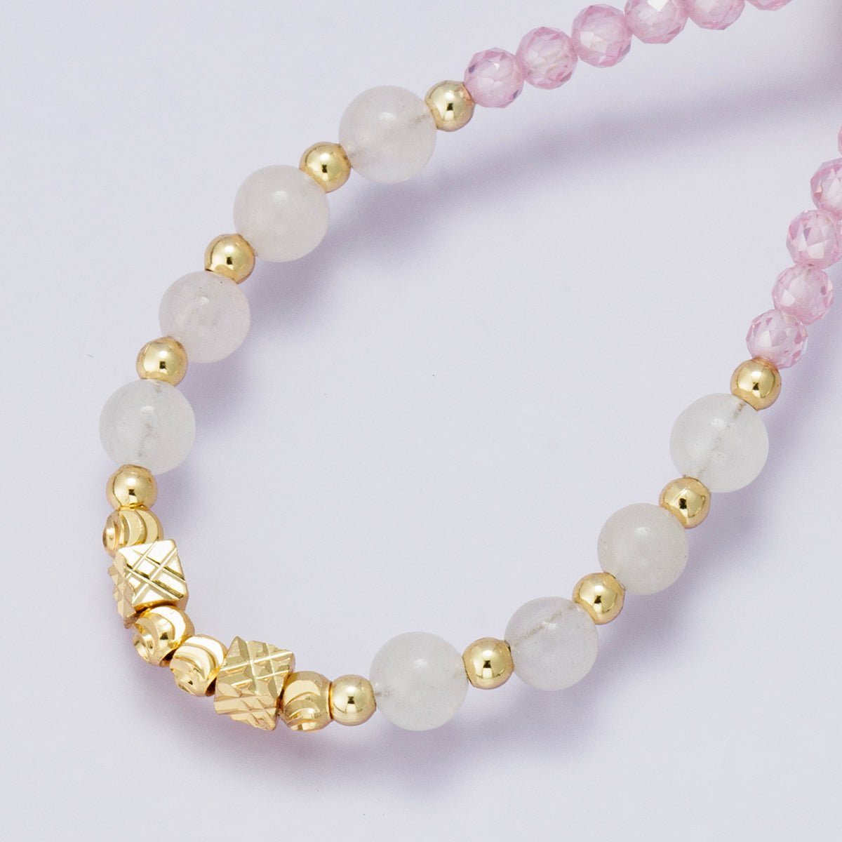 24K Gold Filled White Pink Quartz Multifaceted Gemstone Ball Cable Chain Half 18 Inch Necklace w. Extender | WA-04234