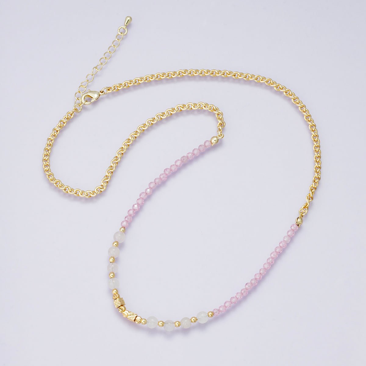 24K Gold Filled White Pink Quartz Multifaceted Gemstone Ball Cable Chain Half 18 Inch Necklace w. Extender | WA-04234