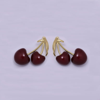 24K Gold Filled White, Red Heart Cherry Fruit Stud Earrings | AB1099 AB1100