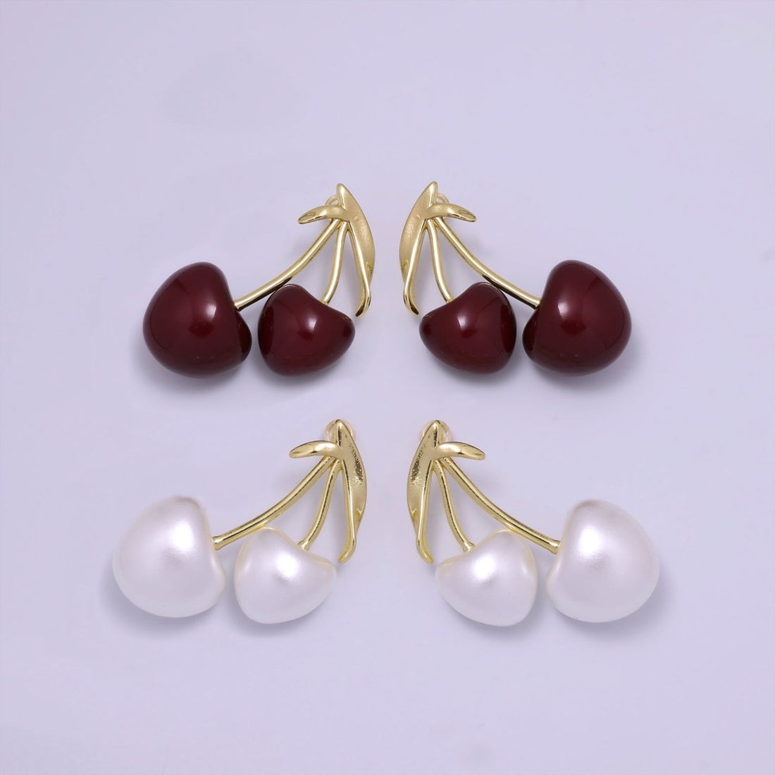 24K Gold Filled White, Red Heart Cherry Fruit Stud Earrings | AB1099 AB1100