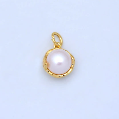 24K Gold Filled White Shell Pearl Bezel Round Charm in Gold &amp; Silver | N026