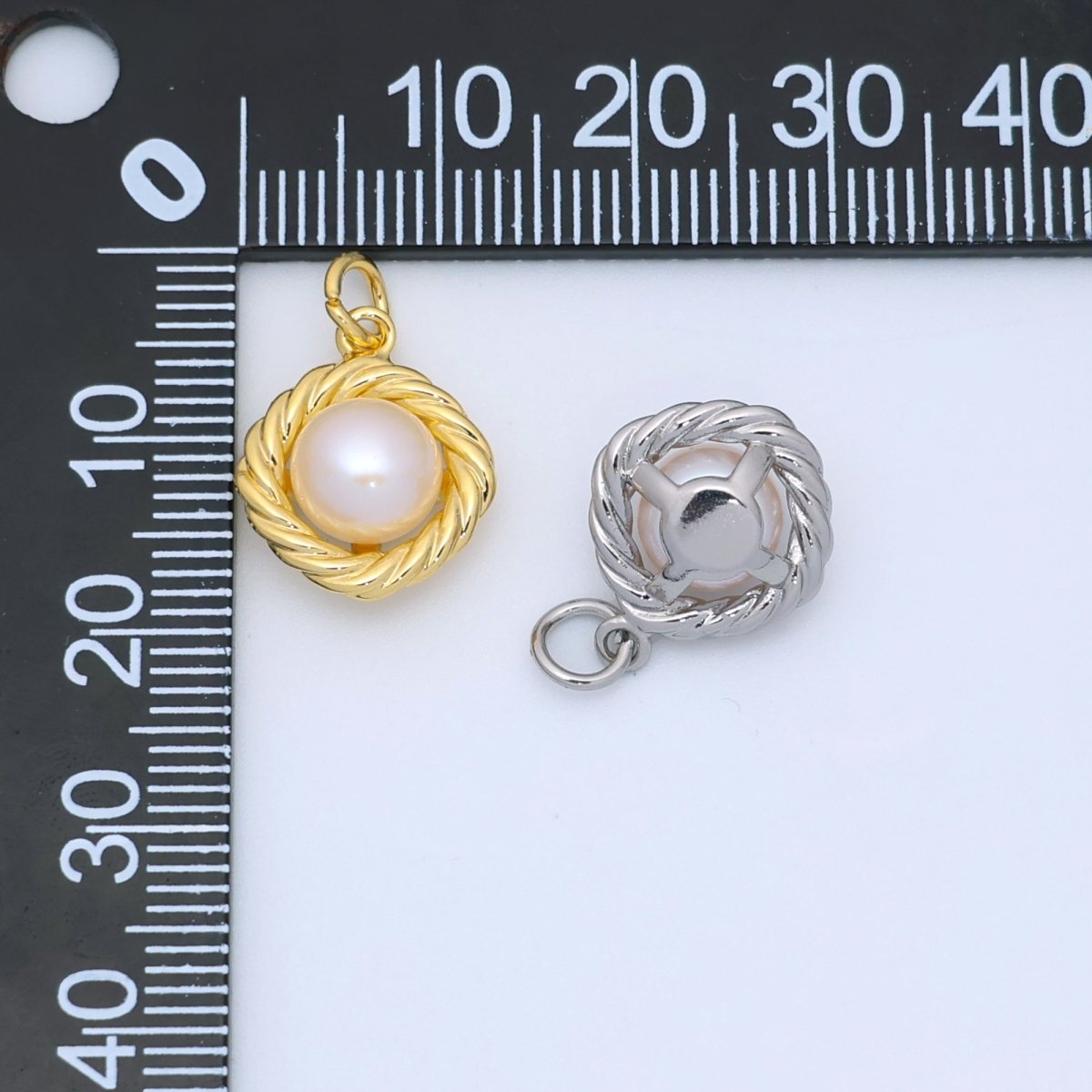 24K Gold Filled White Shell Pearl Croissant Bezel Rhombus Charm in Gold &amp; Silver | N027