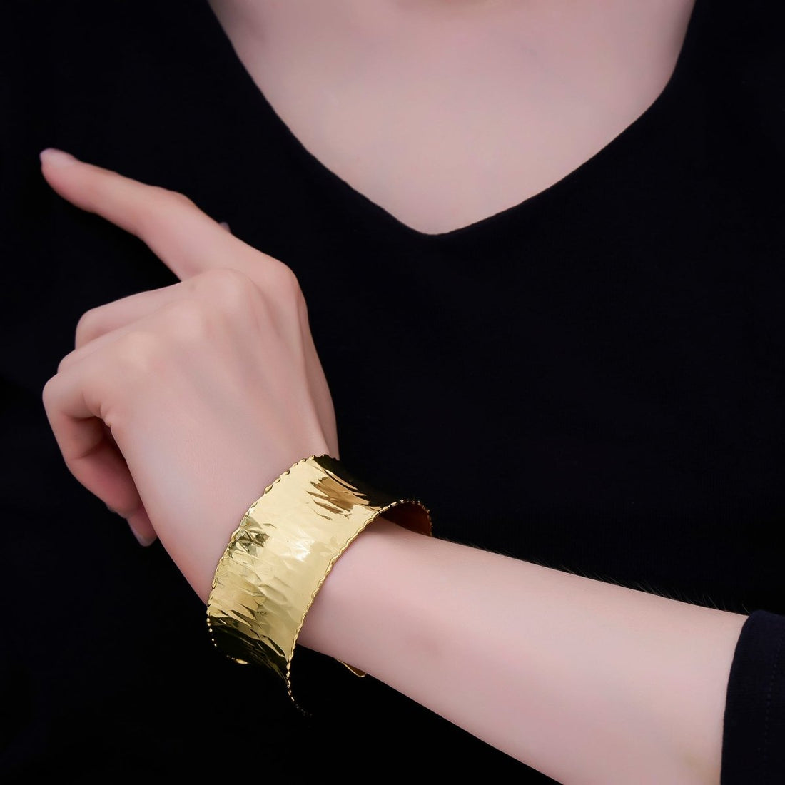 24K Gold Filled Wide Hexagonal Hammered Foil Geometric Cuff Bracelet | WA-3236