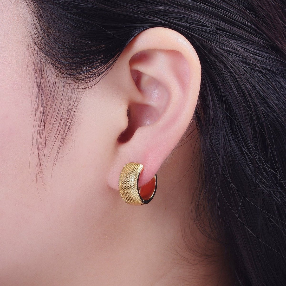 24K Gold Filled Wide Textured Dotted Huggie Hoop Earring T-187