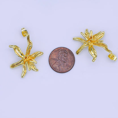 24K Gold Filled 32mm Molten Wild Lily Flower Drop Stud Earrings | AI513