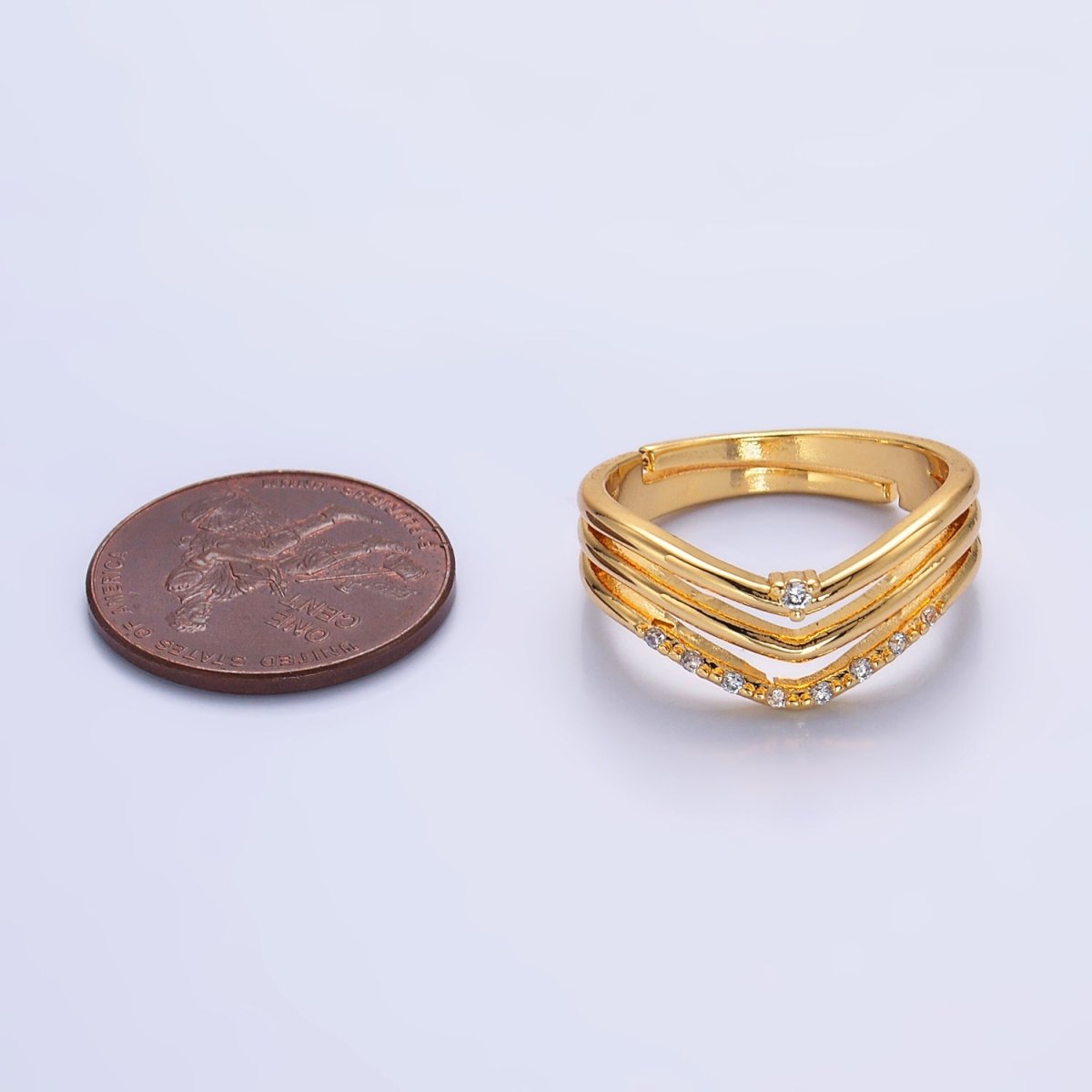 24K Gold Filled Micro Paved CZ Chevron Triple Band Ring | O306