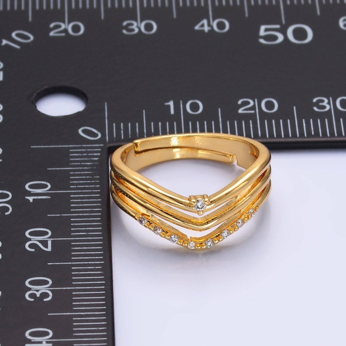 24K Gold Filled Micro Paved CZ Chevron Triple Band Ring | O306