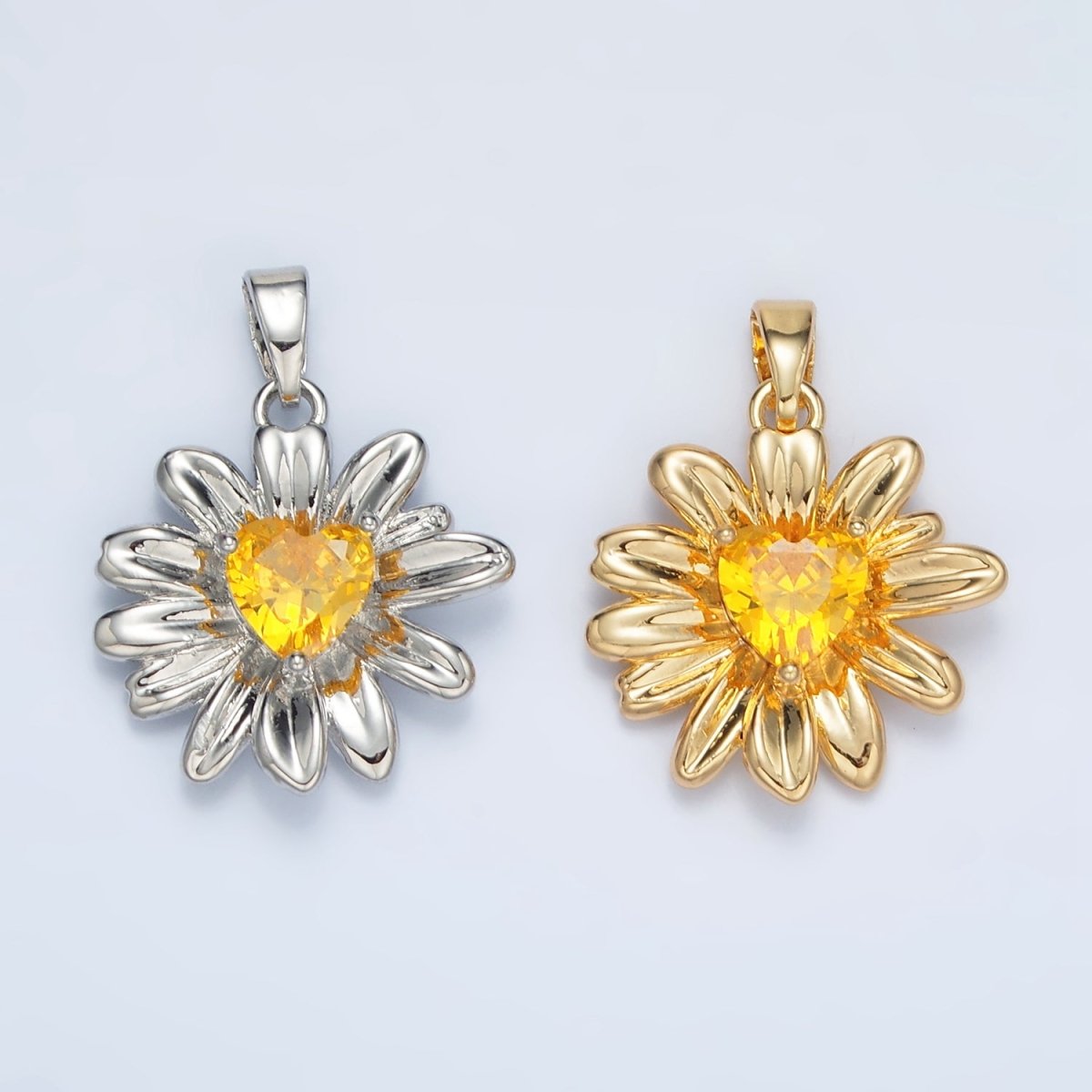 24K Gold Filled 18mm Yellow Heart CZ Sunflower Pendant in Gold &amp; Silver | AA1390