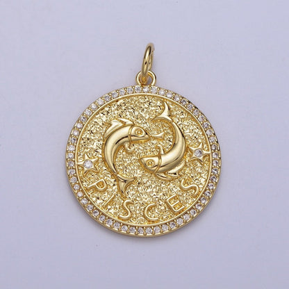 24K Gold Filled Zodiac Birth Star Hammered Round Micro Paved CZ Charm | A-A1773-A-A1778