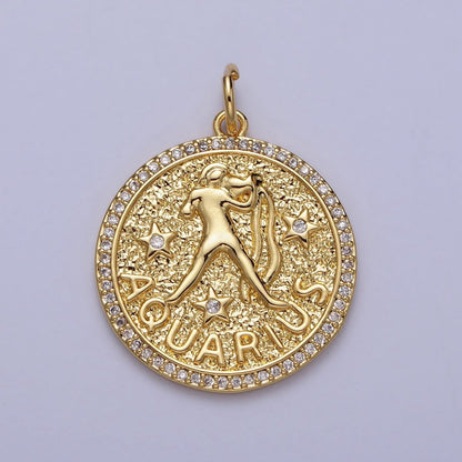 24K Gold Filled Zodiac Birth Star Hammered Round Micro Paved CZ Charm | A-A1773-A-A1778
