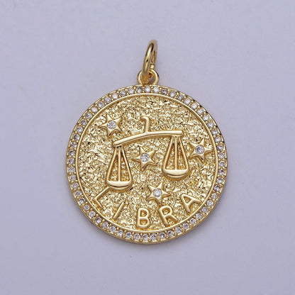 24K Gold Filled Zodiac Birth Star Hammered Round Micro Paved CZ Charm | A-A1773-A-A1778