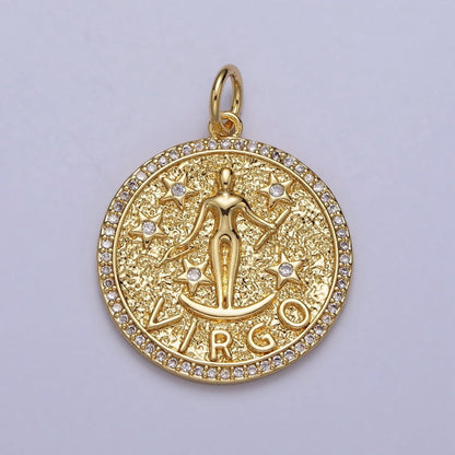 24K Gold Filled Zodiac Birth Star Hammered Round Micro Paved CZ Charm | A-A1773-A-A1778