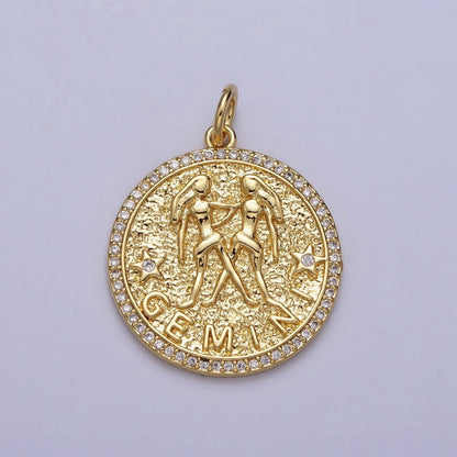 24K Gold Filled Zodiac Birth Star Hammered Round Micro Paved CZ Charm | A-A1773-A-A1778