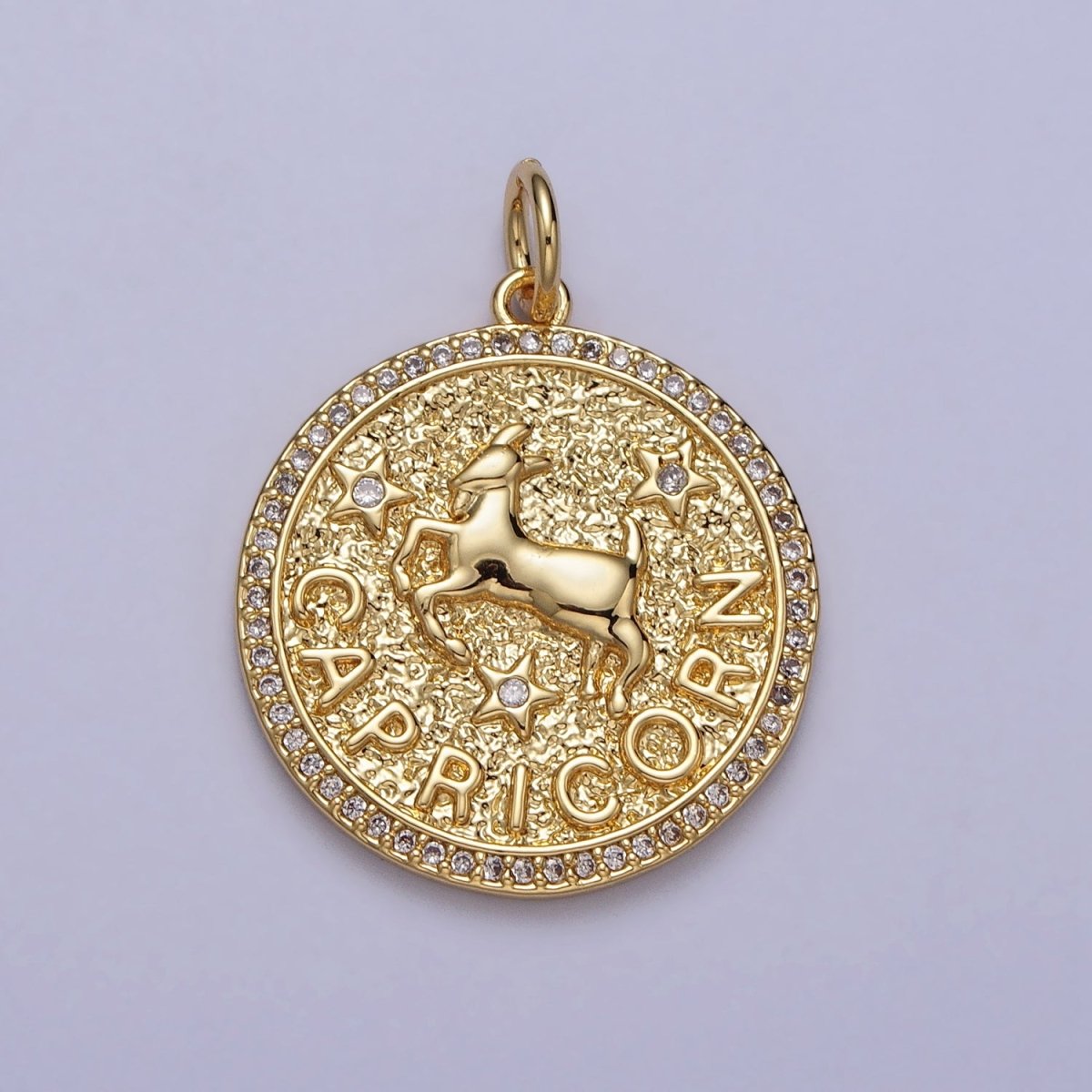 24K Gold Filled Zodiac Birth Star Hammered Round Micro Paved CZ Charm | A-A1773-A-A1778