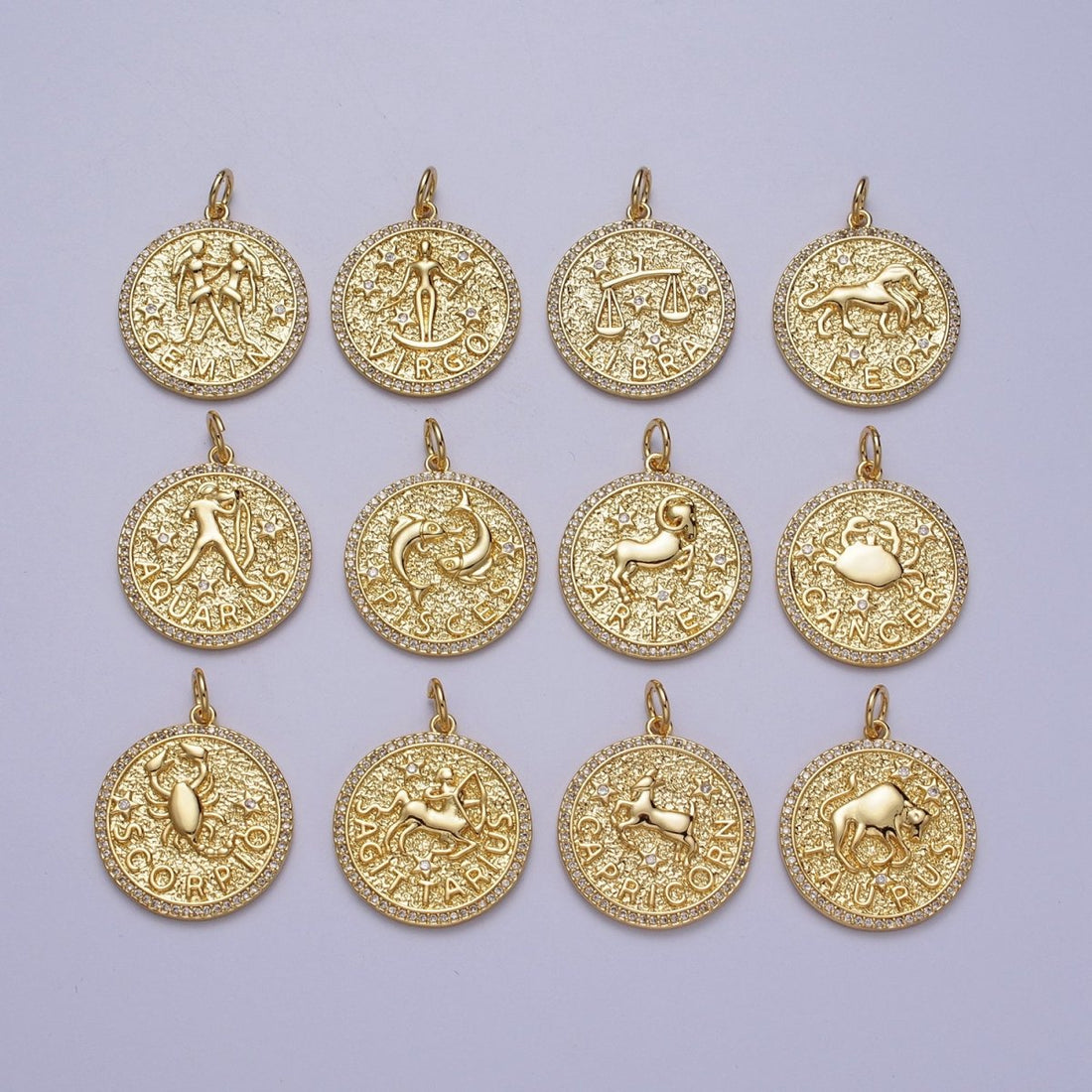 24K Gold Filled Zodiac Birth Star Hammered Round Micro Paved CZ Charm | A-A1773-A-A1778