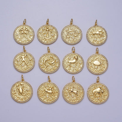 24K Gold Filled Zodiac Birth Star Hammered Round Micro Paved CZ Charm | A-A1773-A-A1778