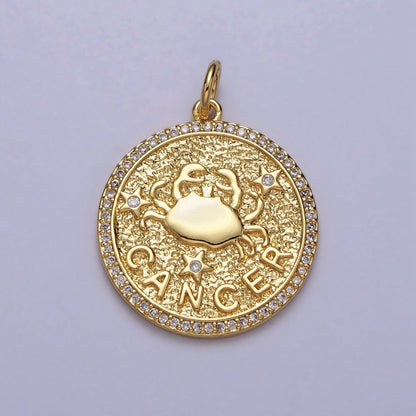 24K Gold Filled Zodiac Birth Star Hammered Round Micro Paved CZ Charm | A-A1773-A-A1778