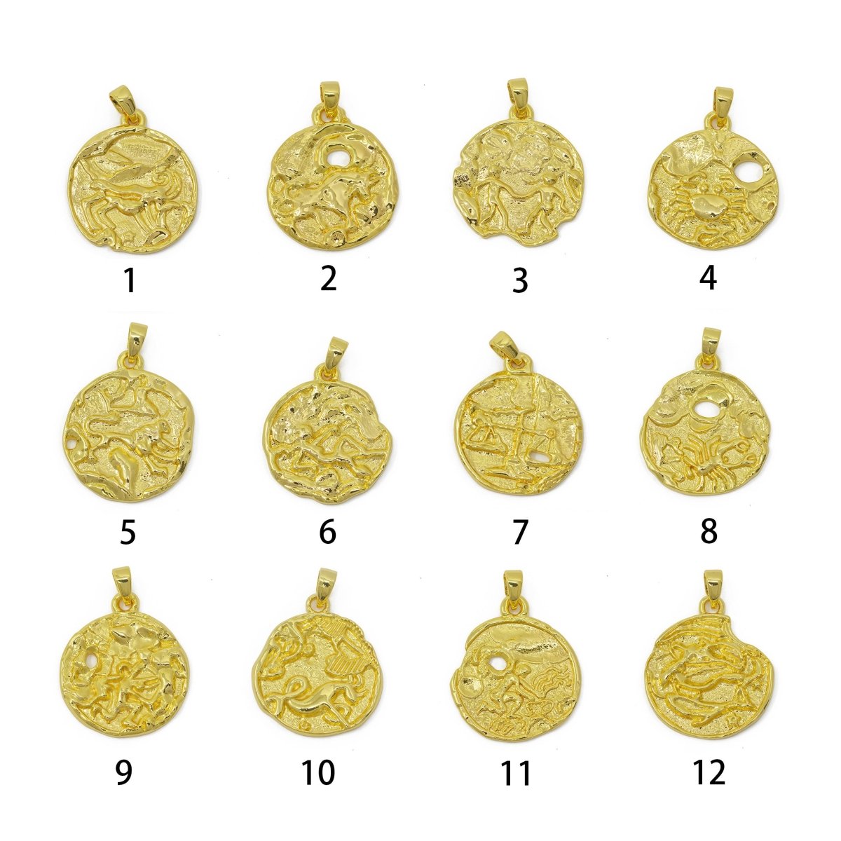 24K Gold Filled Zodiac Horoscope Sign Constellation Medallion Pendant Charm Rustic Rough Hammered Coin | A-A-1794-A-A1796