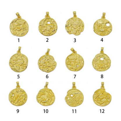 24K Gold Filled Zodiac Horoscope Sign Constellation Medallion Pendant Charm Rustic Rough Hammered Coin | A-A-1794-A-A1796