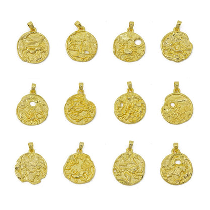 24K Gold Filled Zodiac Horoscope Sign Constellation Medallion Pendant Charm Rustic Rough Hammered Coin | A-A-1794-A-A1796