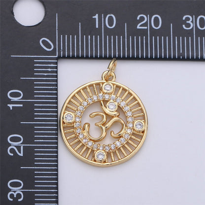 24K Gold Ohm Sign Charm, Peace Namaste Buddhism Prayer Micro Pave Cubic Zirconia CZ Stone for Necklace or Bracelet C-895