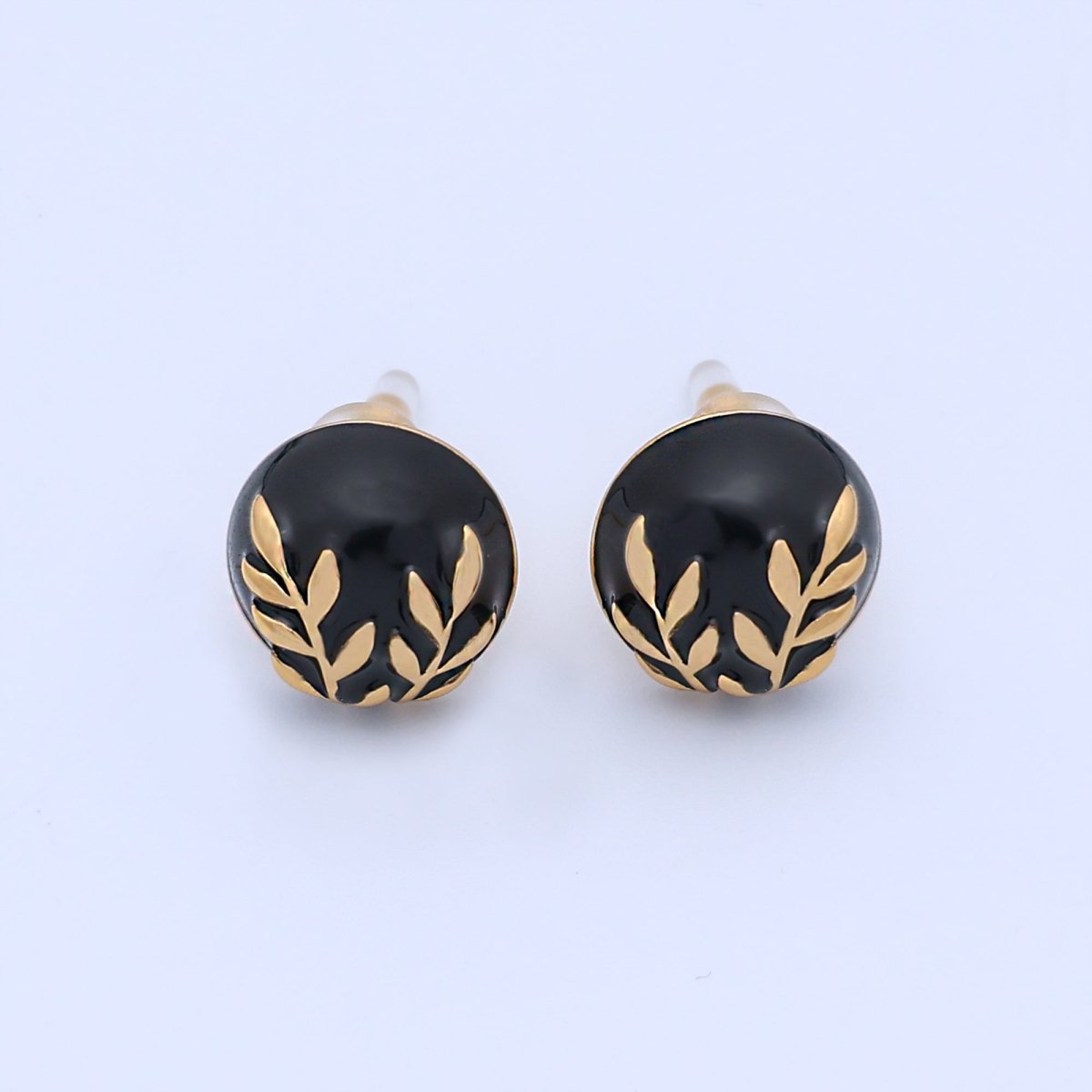 24K Gold Plated Black, White Leaf Round Stud Earrings in Gold &amp; Silver | AB1044 AB1051 AB1058 AB1073