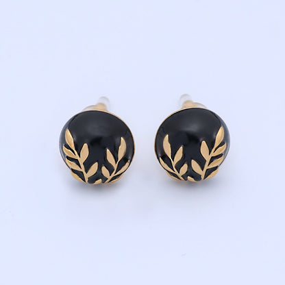 24K Gold Plated Black, White Leaf Round Stud Earrings in Gold &amp; Silver | AB1044 AB1051 AB1058 AB1073
