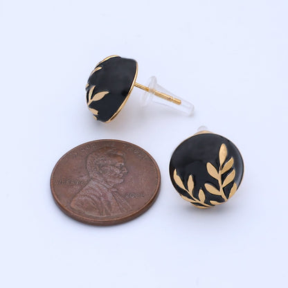 24K Gold Plated Black, White Leaf Round Stud Earrings in Gold &amp; Silver | AB1044 AB1051 AB1058 AB1073