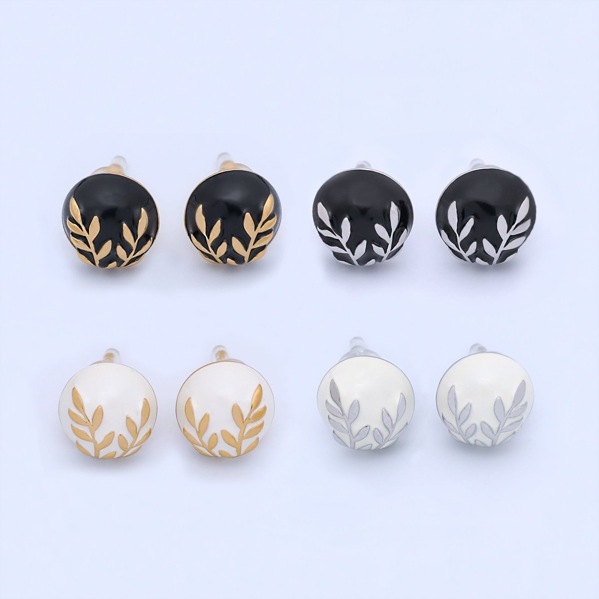 24K Gold Plated Black, White Leaf Round Stud Earrings in Gold &amp; Silver | AB1044 AB1051 AB1058 AB1073
