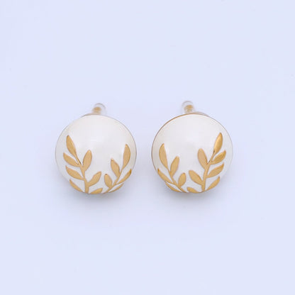 24K Gold Plated Black, White Leaf Round Stud Earrings in Gold &amp; Silver | AB1044 AB1051 AB1058 AB1073