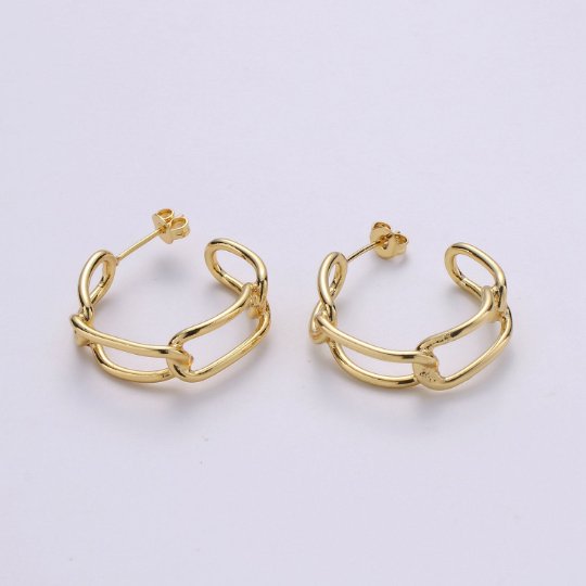 24k Gold Plated Earrings, Hoop Earrings, Long Chain Link Earring, Stud Earring, Gift for Her, Earrings for Women, Everyday Wear Earring Q-528