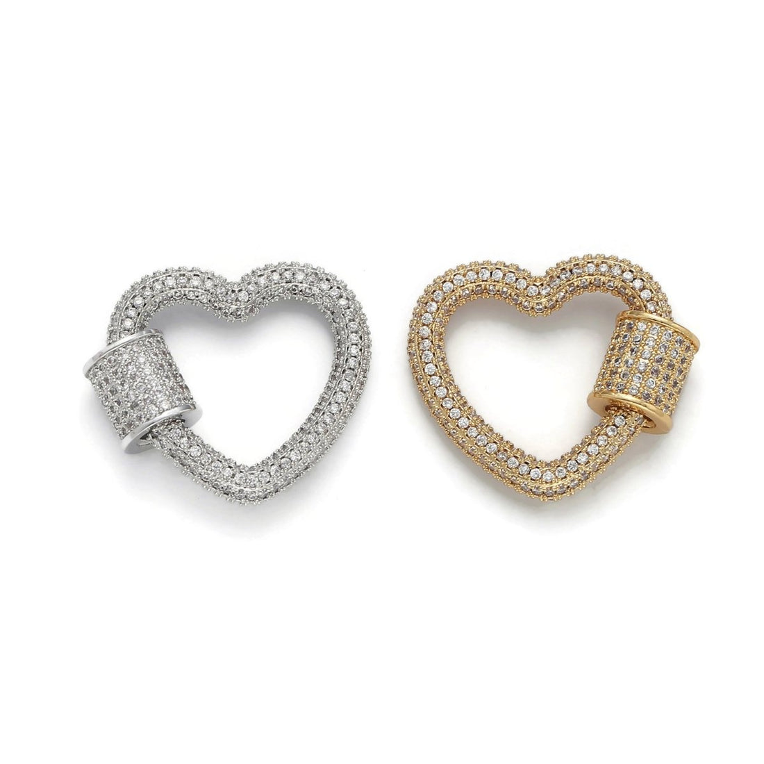 24K Gold-Plated Heart Carabiner, Full Pave Cubic Zirconia Rhinestones, Circle Screw Clasp, Gold and Silver K-126