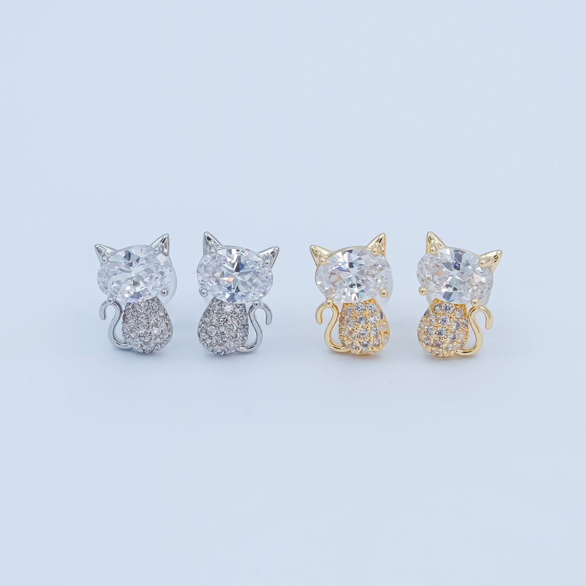24K Gold Plated Micro Paved CZ Kitten Cat Stud Earrings Set in Gold &amp; Silver | AB222 AB223