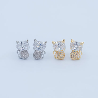 24K Gold Plated Micro Paved CZ Kitten Cat Stud Earrings Set in Gold &amp; Silver | AB222 AB223