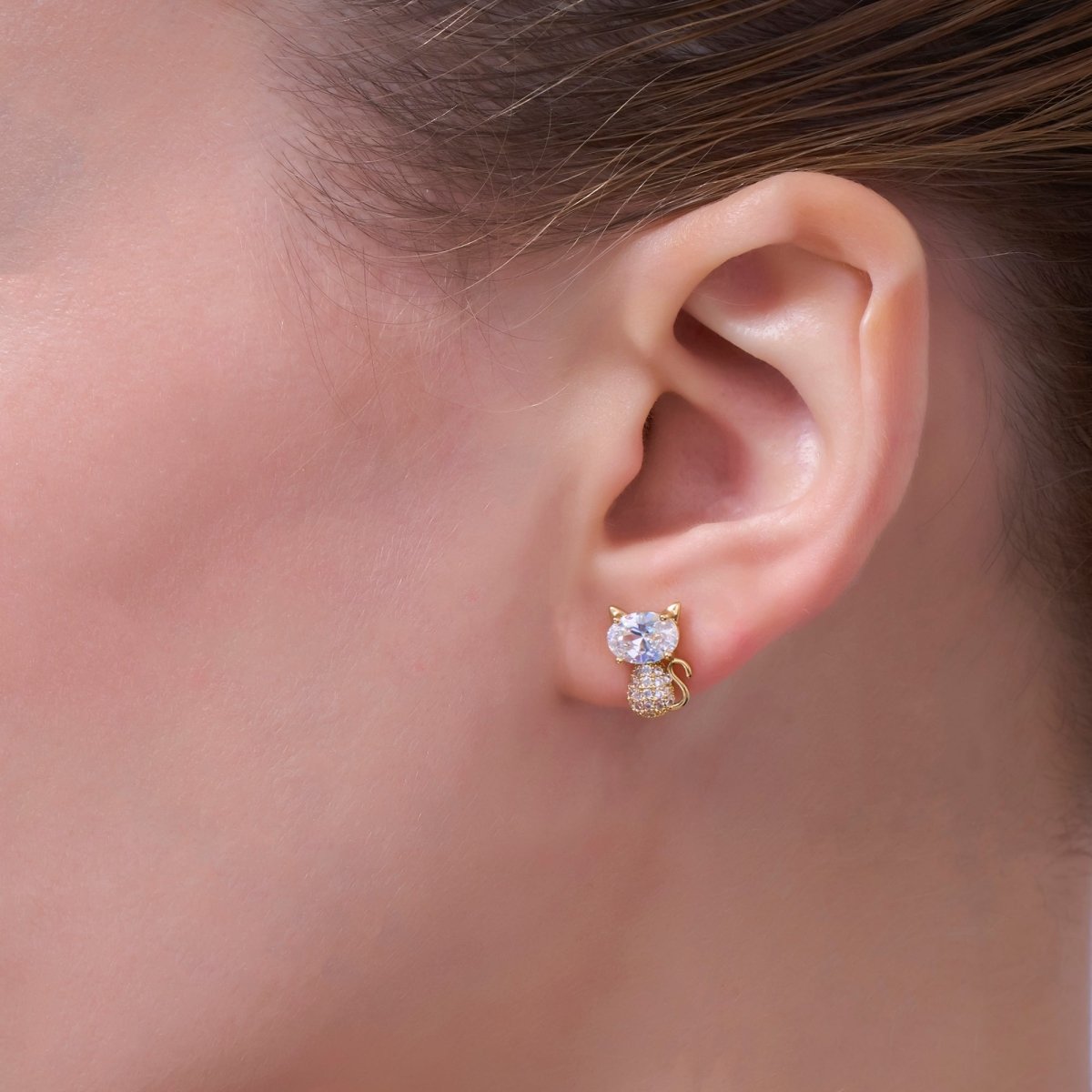 24K Gold Plated Micro Paved CZ Kitten Cat Stud Earrings Set in Gold &amp; Silver | AB222 AB223
