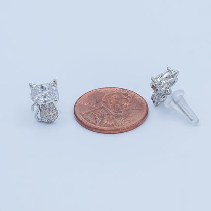 24K Gold Plated Micro Paved CZ Kitten Cat Stud Earrings Set in Gold &amp; Silver | AB222 AB223
