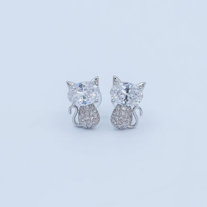 24K Gold Plated Micro Paved CZ Kitten Cat Stud Earrings Set in Gold &amp; Silver | AB222 AB223
