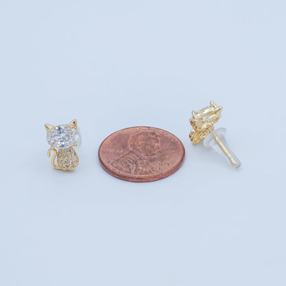 24K Gold Plated Micro Paved CZ Kitten Cat Stud Earrings Set in Gold &amp; Silver | AB222 AB223